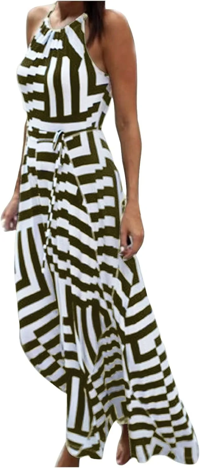 HGps8w Flowy Halter Dresses for Women Striped Sundress Summer Sleeveless Ruffle A Line Beach Vacation Maxi Dress