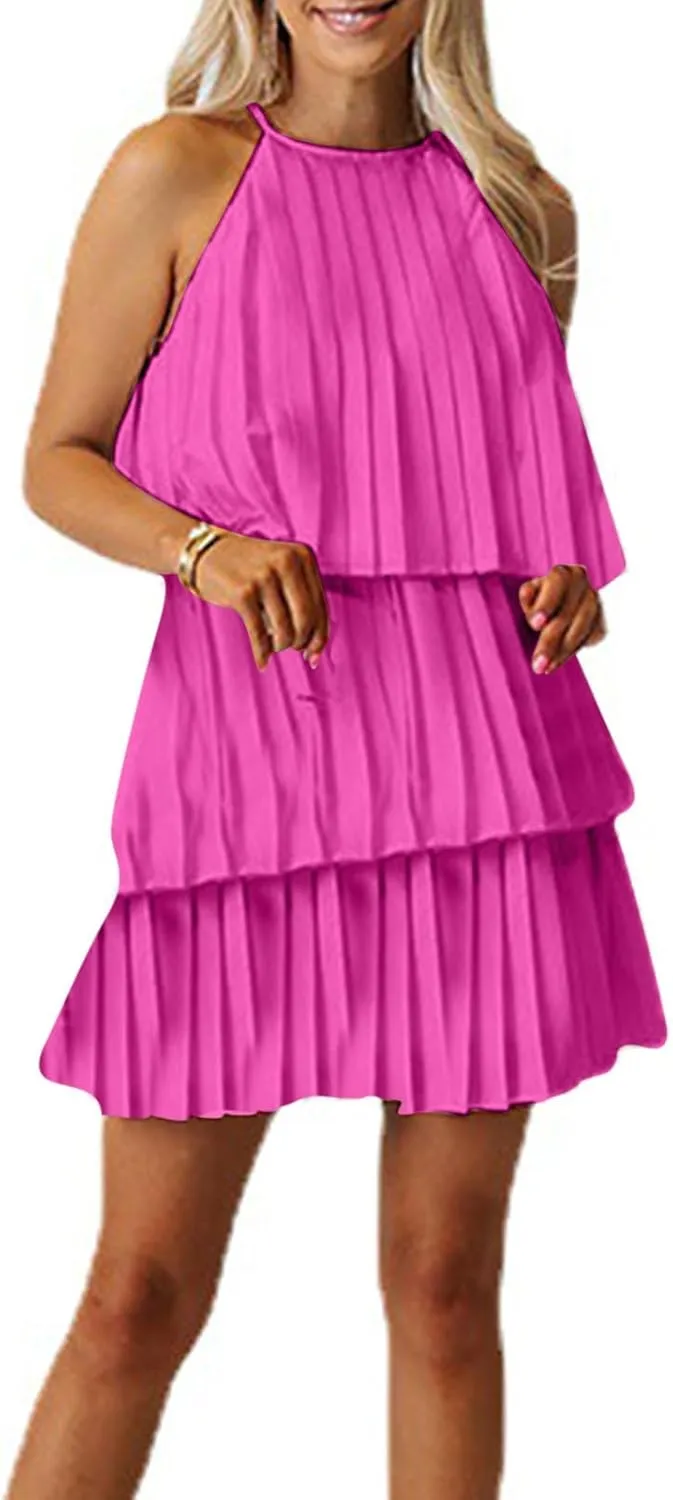 HGps8w Halter Neck Dresses for Women Summer Sleeveless Ruffle Tiered Layered Chiffon Flowy A Line Mini Dress for Party