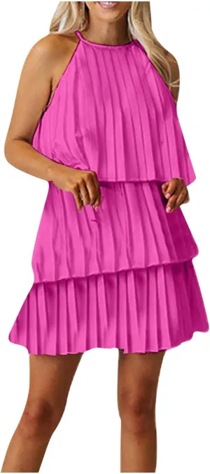 HGps8w Halter Neck Dresses for Women Summer Sleeveless Ruffle Tiered Layered Chiffon Flowy A Line Mini Dress for Party