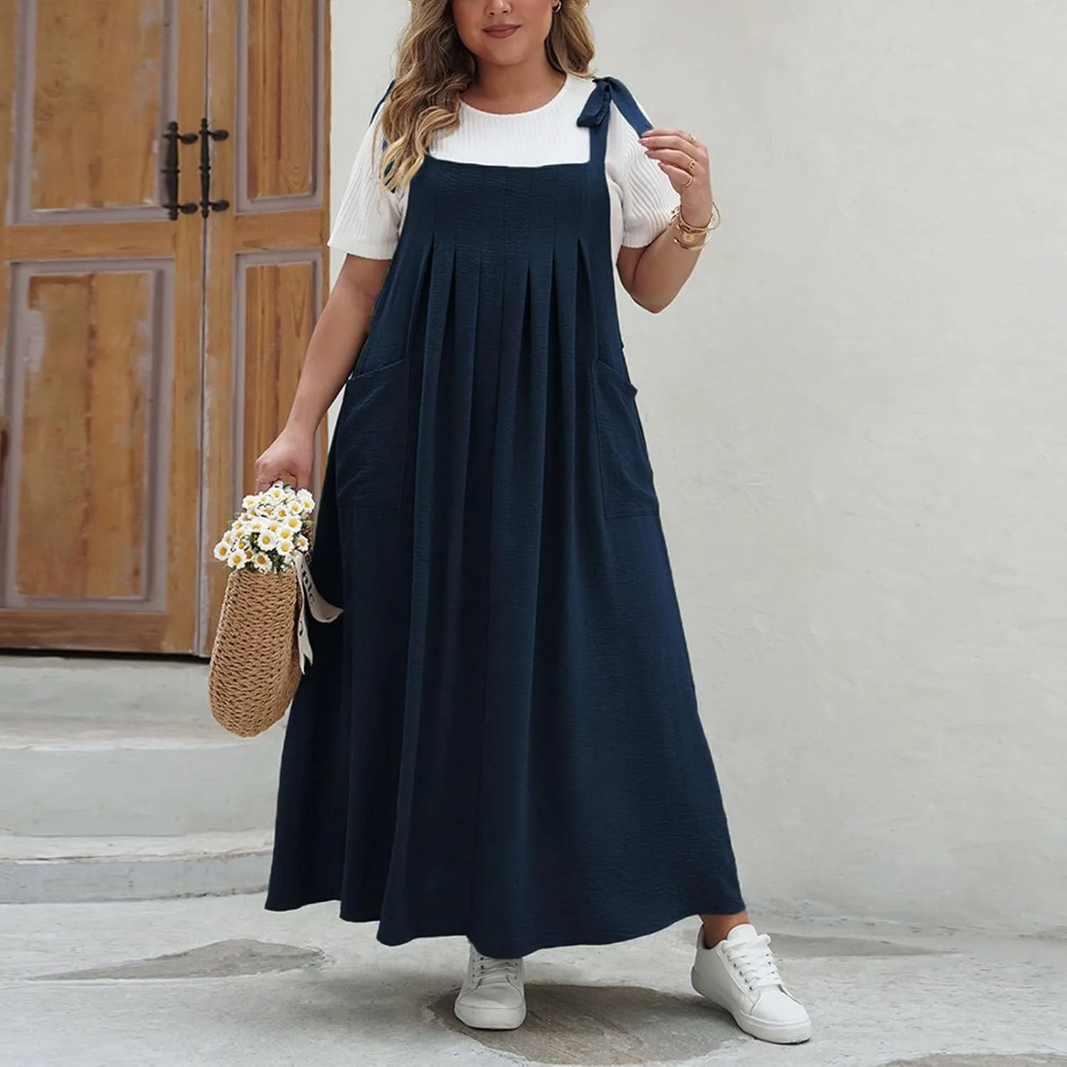 HGps8w Plus Size Womens Bib Overall Jumper Dress Loose Linen Adjustable Straps Suspender Pinafore Maxi Dress with Pockets