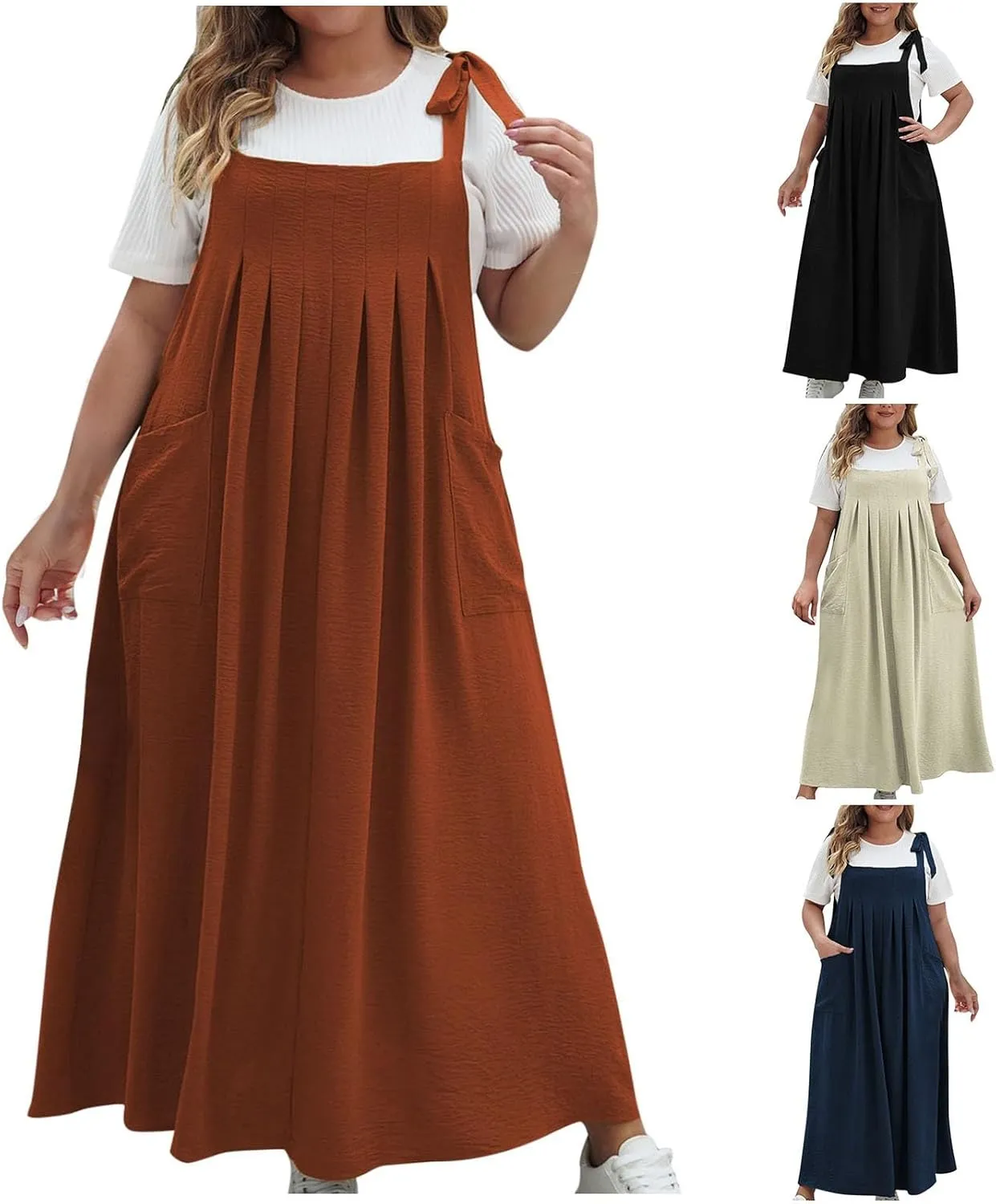 HGps8w Plus Size Womens Bib Overall Jumper Dress Loose Linen Adjustable Straps Suspender Pinafore Maxi Dress with Pockets