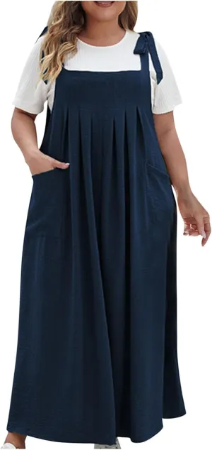 HGps8w Plus Size Womens Bib Overall Jumper Dress Loose Linen Adjustable Straps Suspender Pinafore Maxi Dress with Pockets
