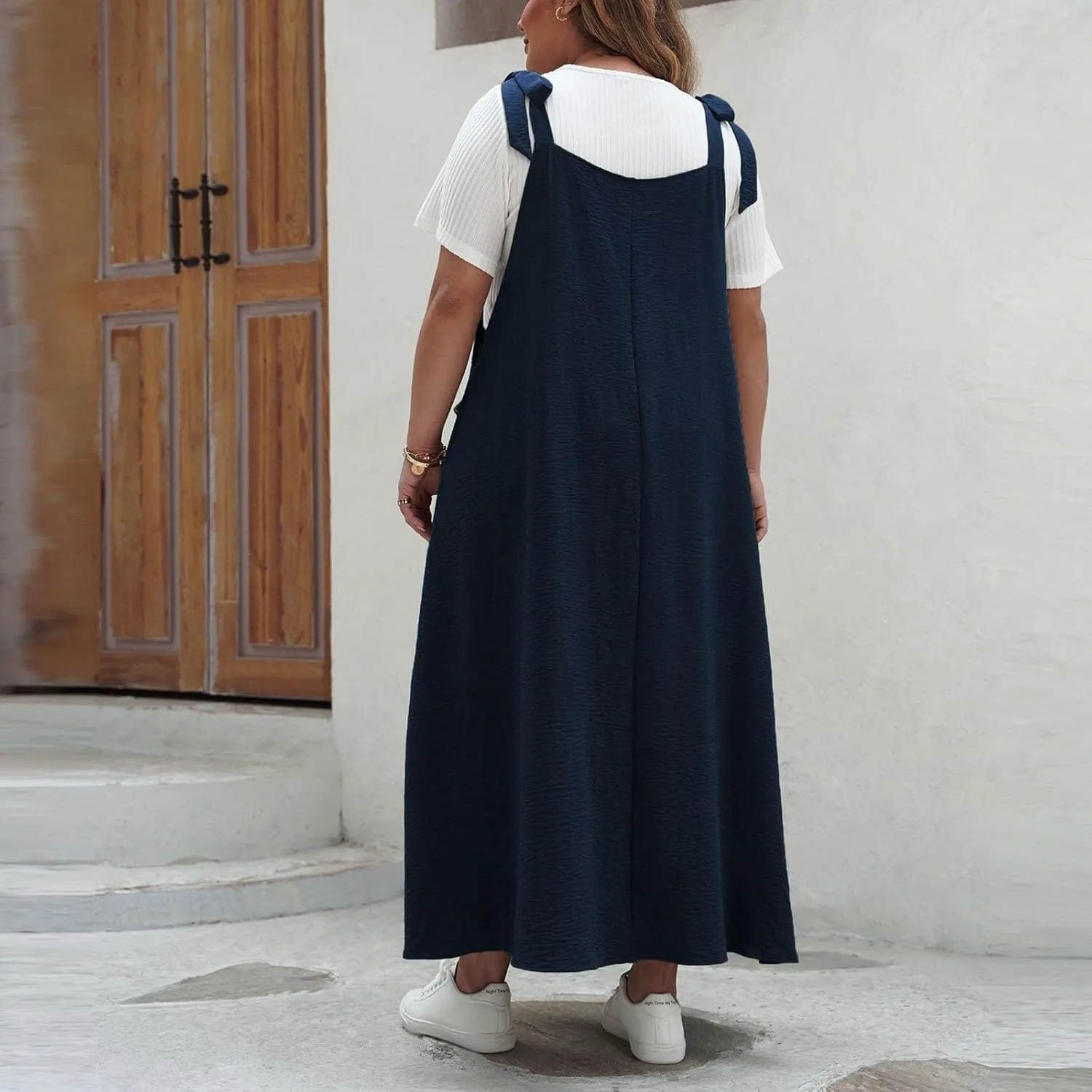 HGps8w Plus Size Womens Bib Overall Jumper Dress Loose Linen Adjustable Straps Suspender Pinafore Maxi Dress with Pockets