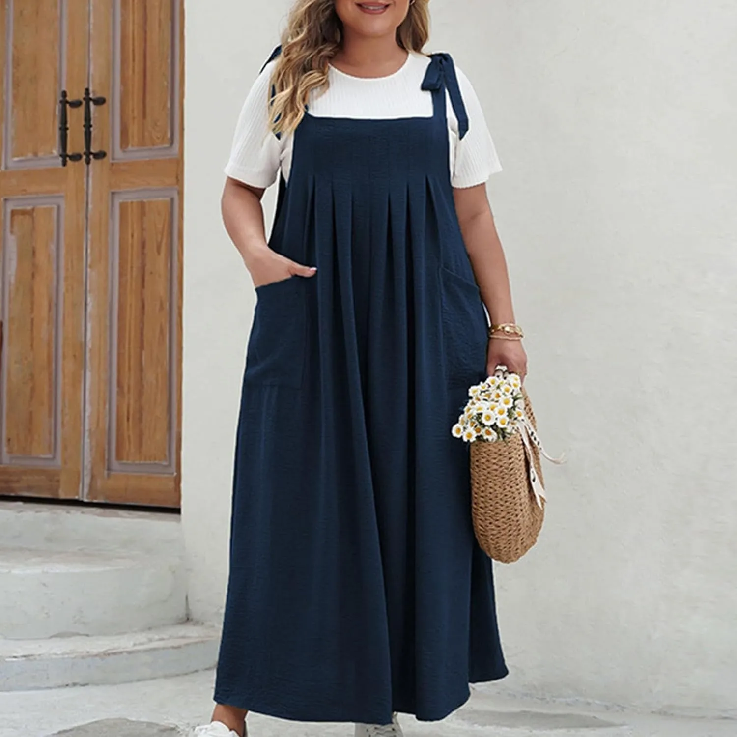 HGps8w Plus Size Womens Bib Overall Jumper Dress Loose Linen Adjustable Straps Suspender Pinafore Maxi Dress with Pockets