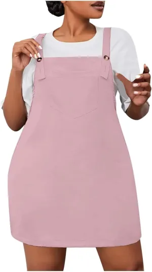 HGps8w Plus Size Womens Bib Overall Short Jumper Dress Adjustable Straps Suspender Pinafore Dresses with Pockets