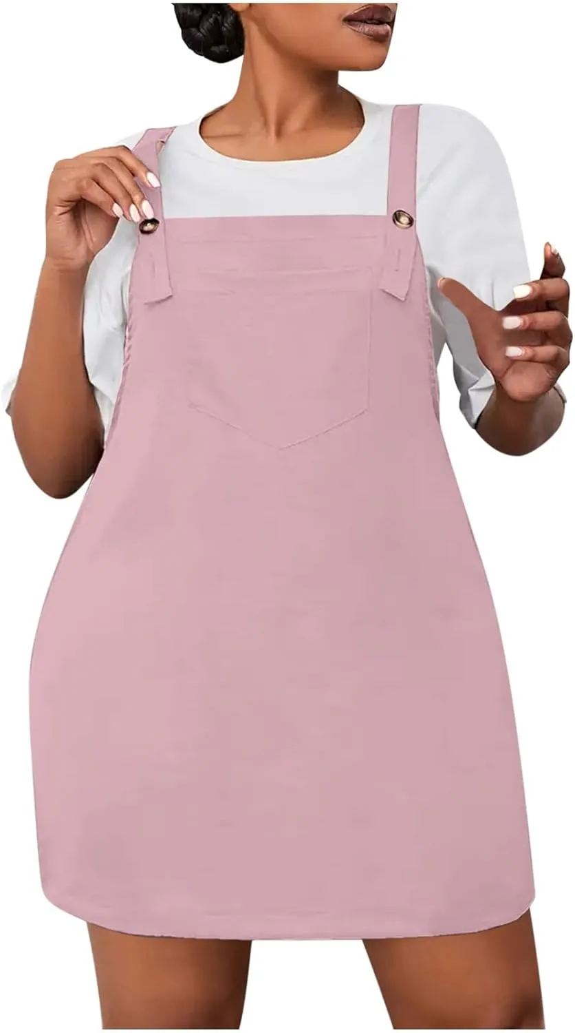 HGps8w Plus Size Womens Bib Overall Short Jumper Dress Adjustable Straps Suspender Pinafore Dresses with Pockets