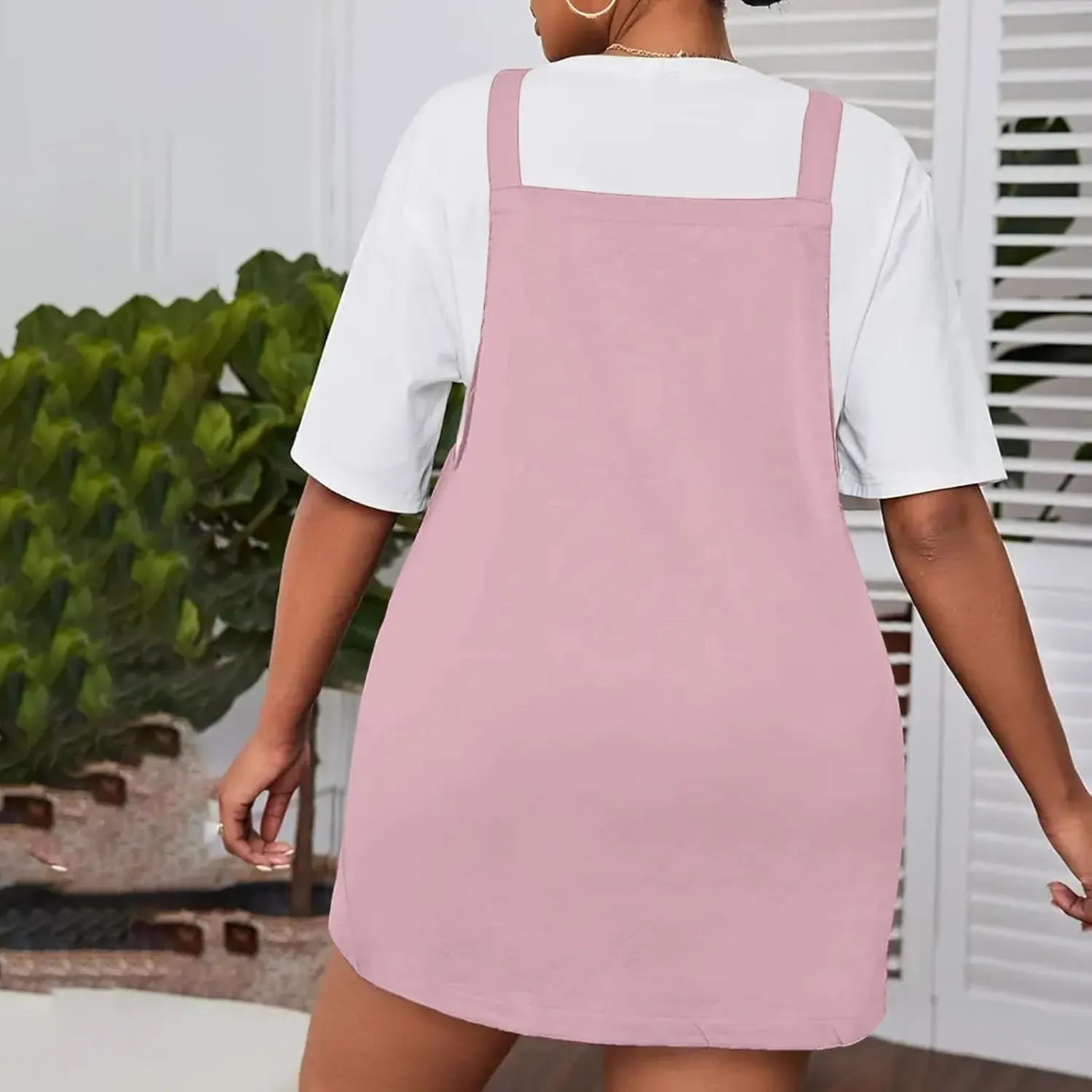 HGps8w Plus Size Womens Bib Overall Short Jumper Dress Adjustable Straps Suspender Pinafore Dresses with Pockets