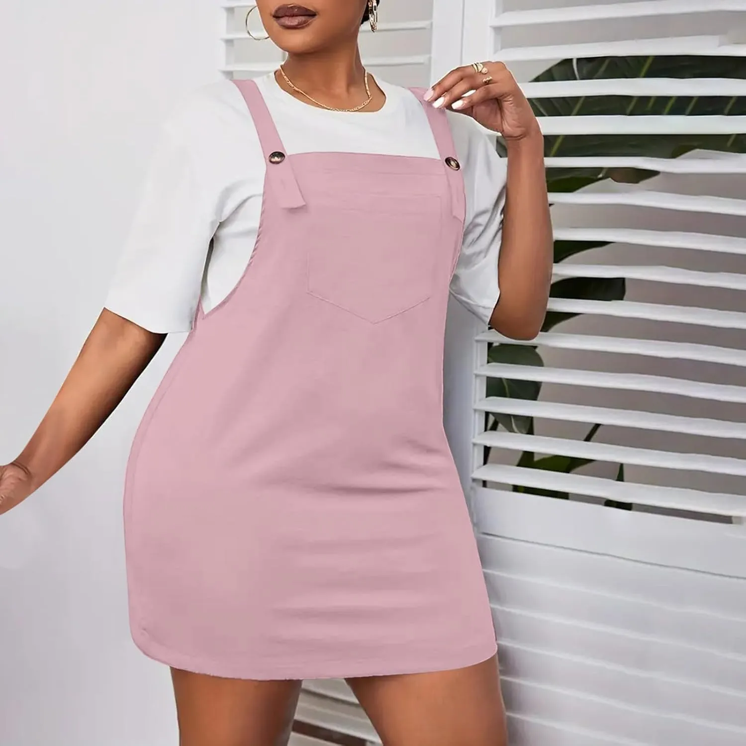 HGps8w Plus Size Womens Bib Overall Short Jumper Dress Adjustable Straps Suspender Pinafore Dresses with Pockets