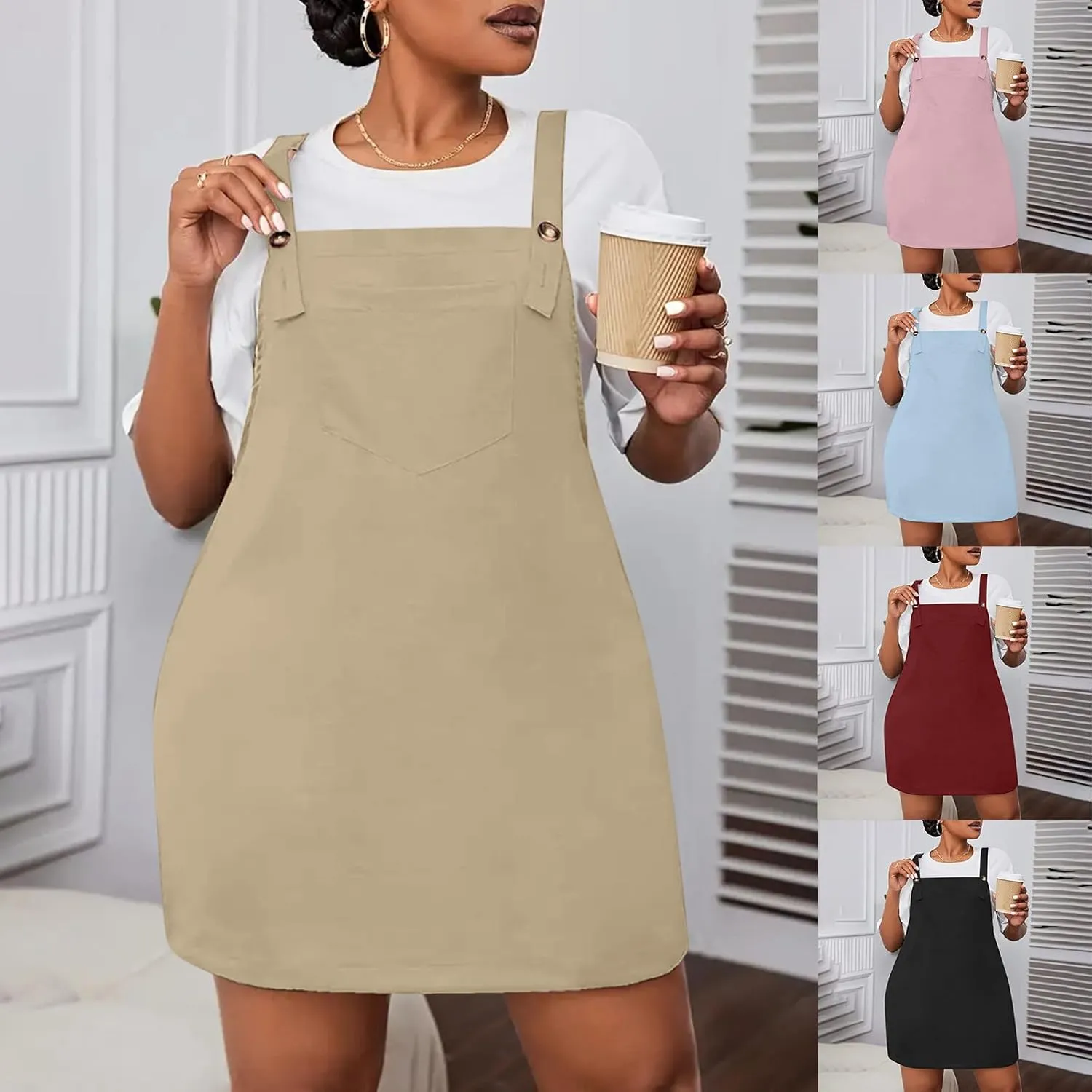 HGps8w Plus Size Womens Bib Overall Short Jumper Dress Adjustable Straps Suspender Pinafore Dresses with Pockets