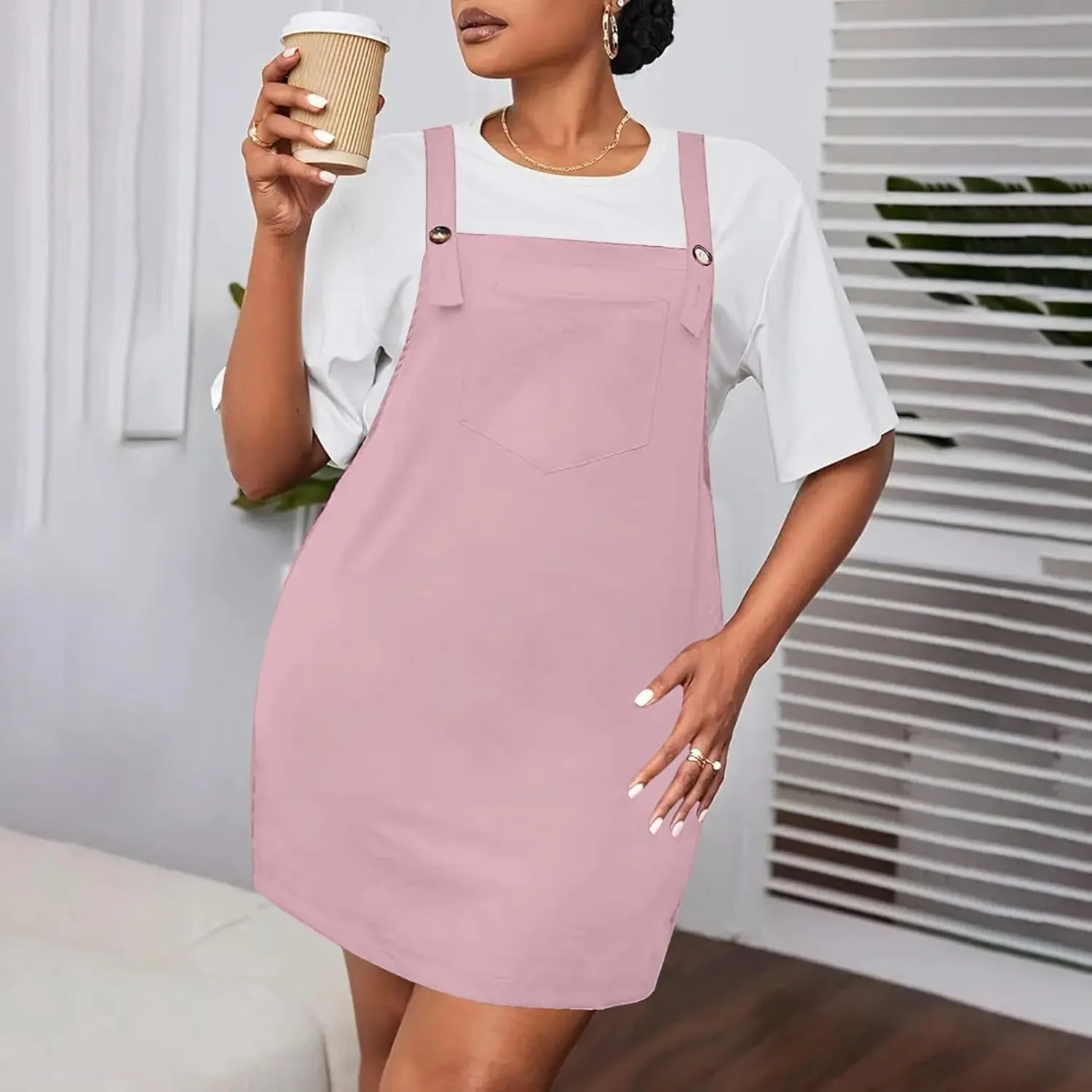 HGps8w Plus Size Womens Bib Overall Short Jumper Dress Adjustable Straps Suspender Pinafore Dresses with Pockets
