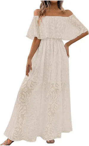 HGps8w Women's Off The Shoulder Floral Lace Beach Vacation Dress Elegant Ruffles Flowy A Line Party Cocktail Maxi Dresses