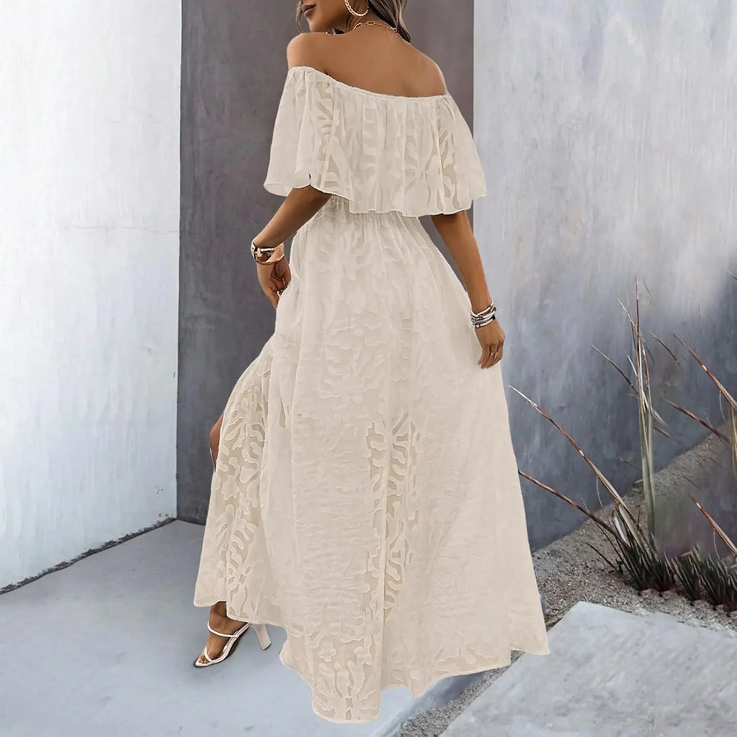 HGps8w Women's Off The Shoulder Floral Lace Beach Vacation Dress Elegant Ruffles Flowy A Line Party Cocktail Maxi Dresses