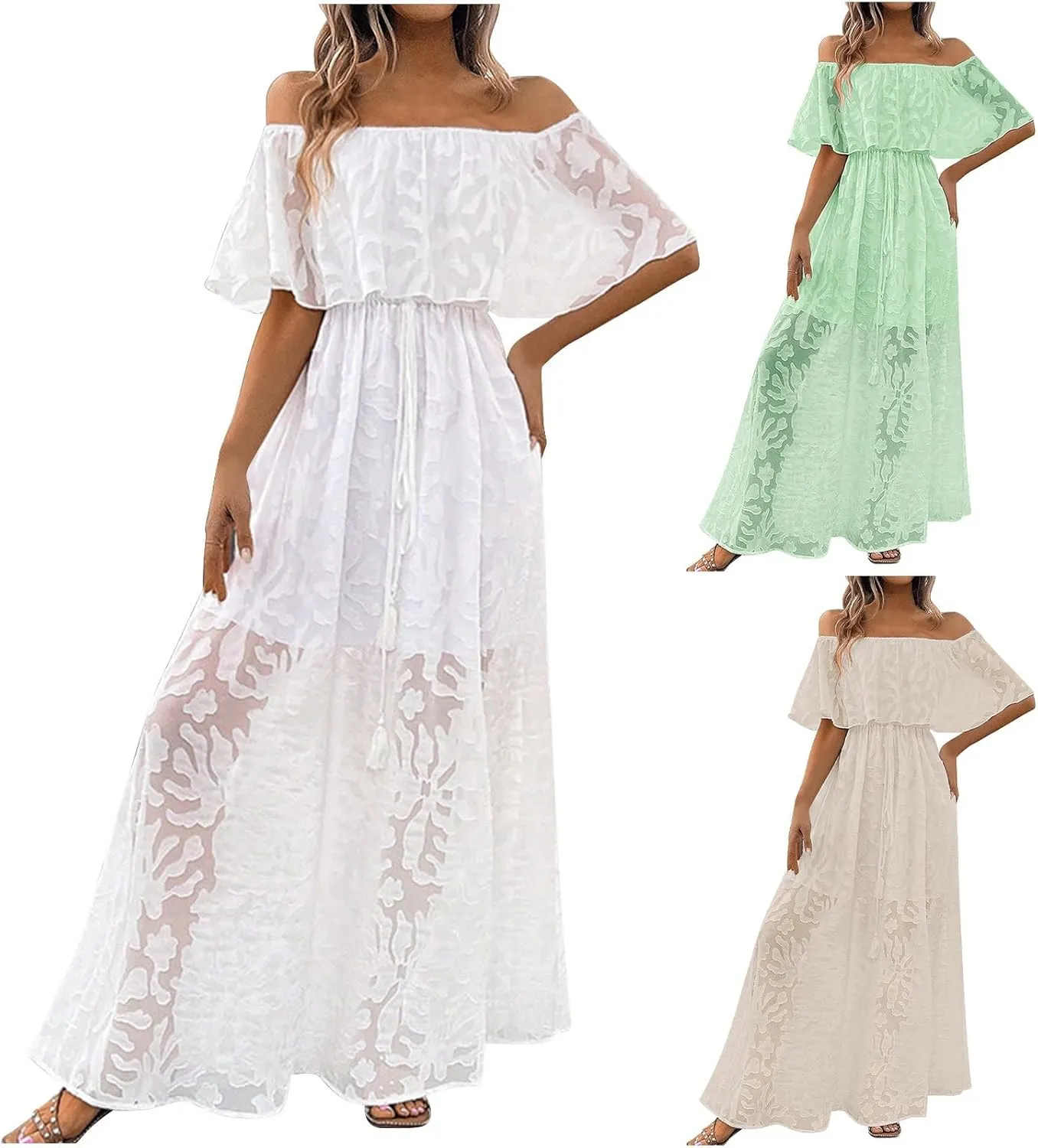 HGps8w Women's Off The Shoulder Floral Lace Beach Vacation Dress Elegant Ruffles Flowy A Line Party Cocktail Maxi Dresses