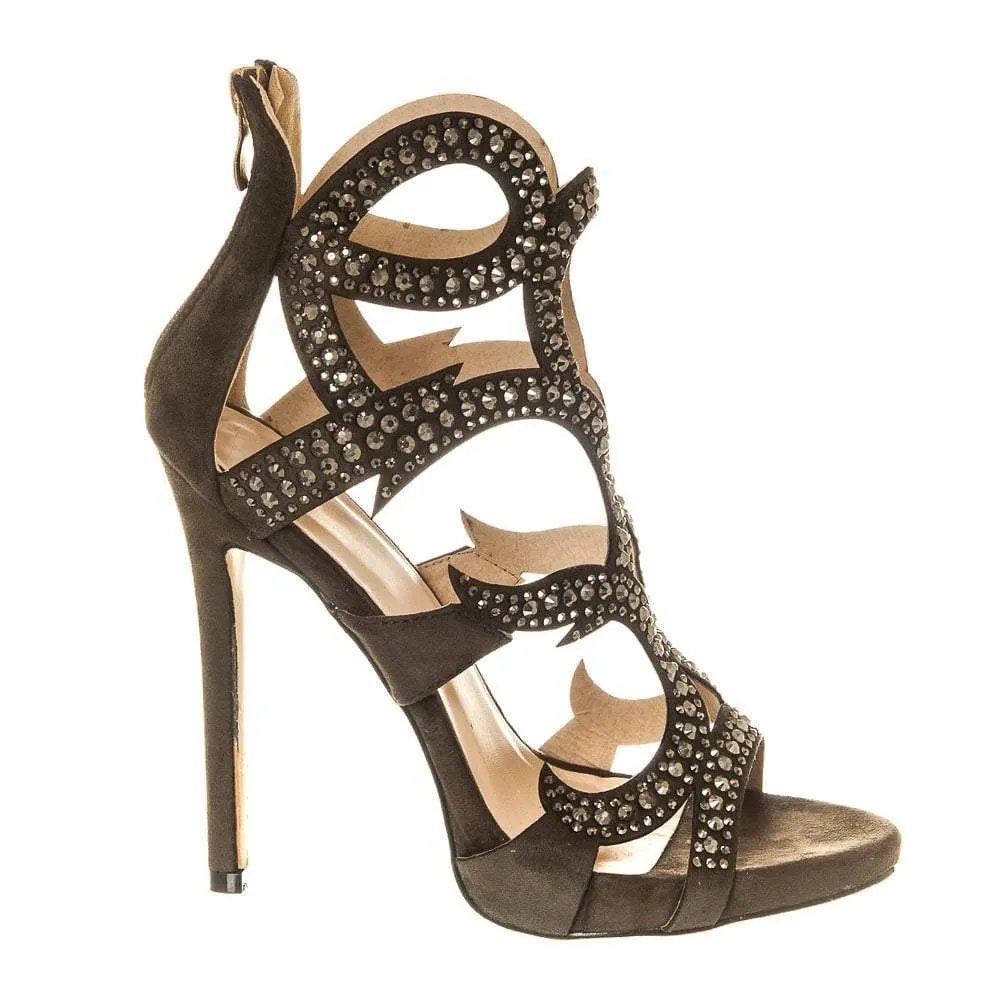 High Stiletto Heel Open Toe Shoe With Diamante Swirl Straps