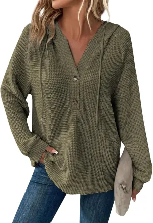 Hoodies for Women Oversized Waffle Knit Casual Lightweight Sweatshirts Drawstring Button V Neck Long Sleeve Tops