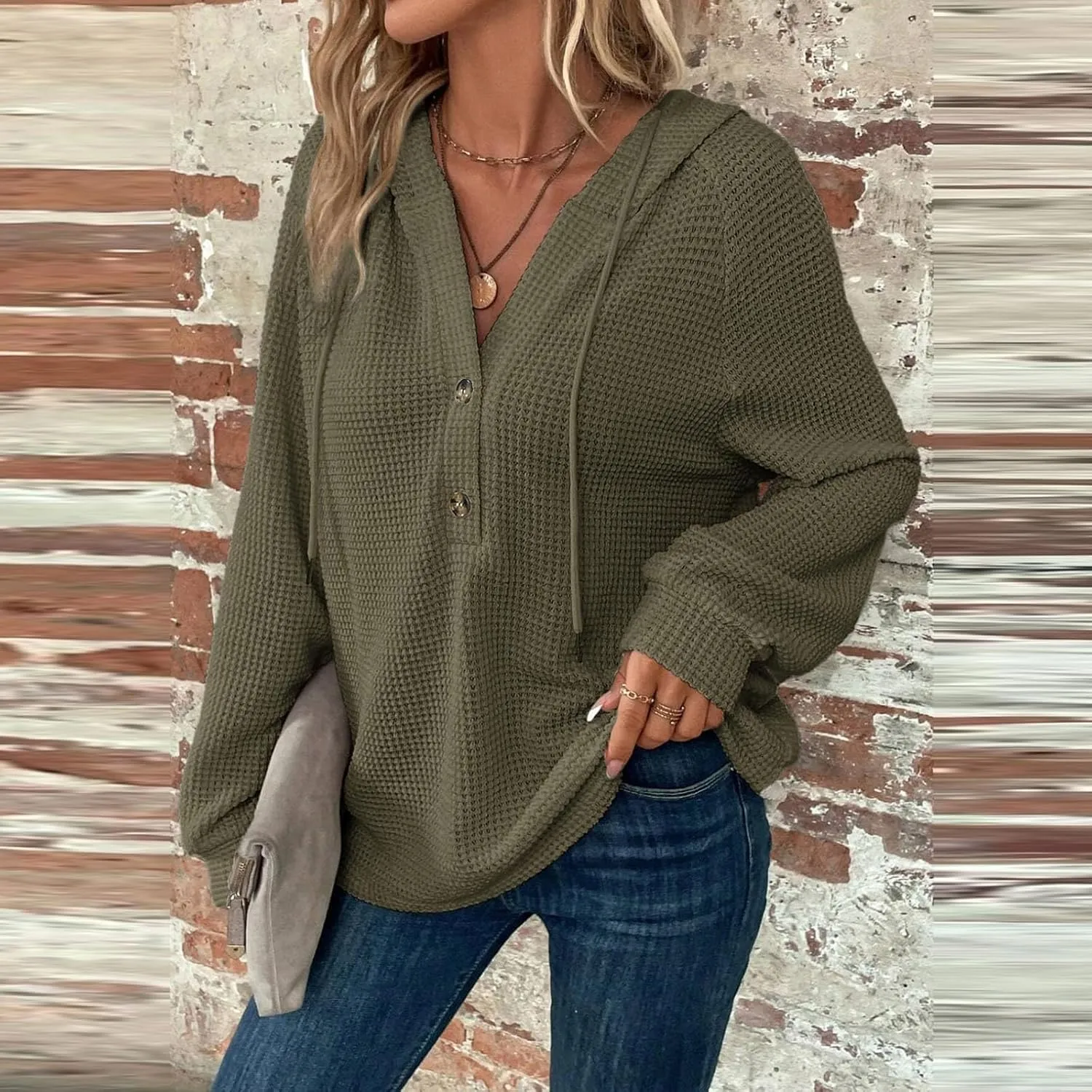 Hoodies for Women Oversized Waffle Knit Casual Lightweight Sweatshirts Drawstring Button V Neck Long Sleeve Tops