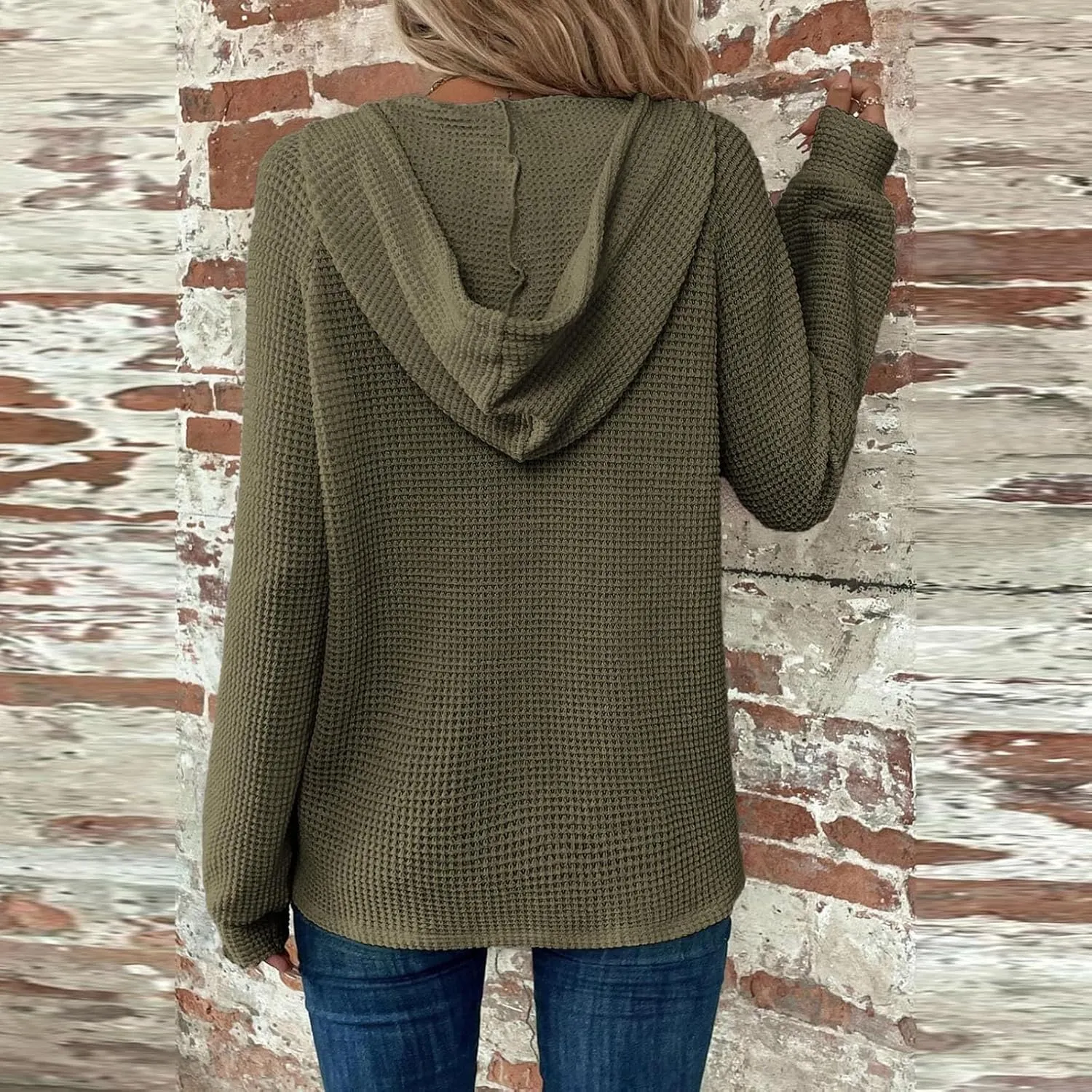 Hoodies for Women Oversized Waffle Knit Casual Lightweight Sweatshirts Drawstring Button V Neck Long Sleeve Tops