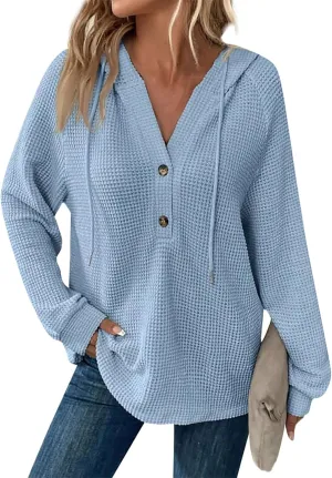 Hoodies for Women Oversized Waffle Knit Casual Lightweight Sweatshirts Drawstring Button V Neck Long Sleeve Tops