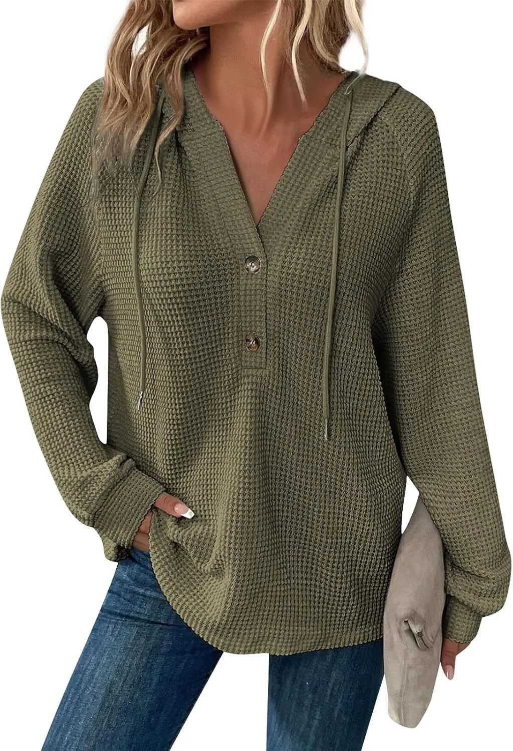 Hoodies for Women Oversized Waffle Knit Casual Lightweight Sweatshirts Drawstring Button V Neck Long Sleeve Tops