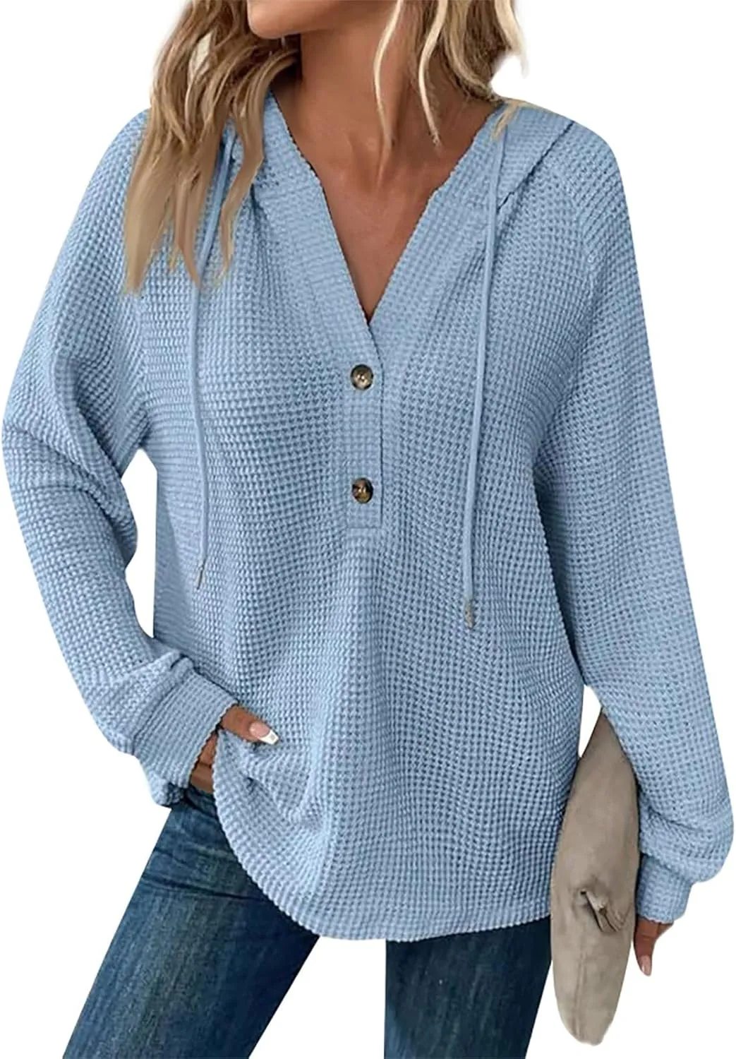 Hoodies for Women Oversized Waffle Knit Casual Lightweight Sweatshirts Drawstring Button V Neck Long Sleeve Tops
