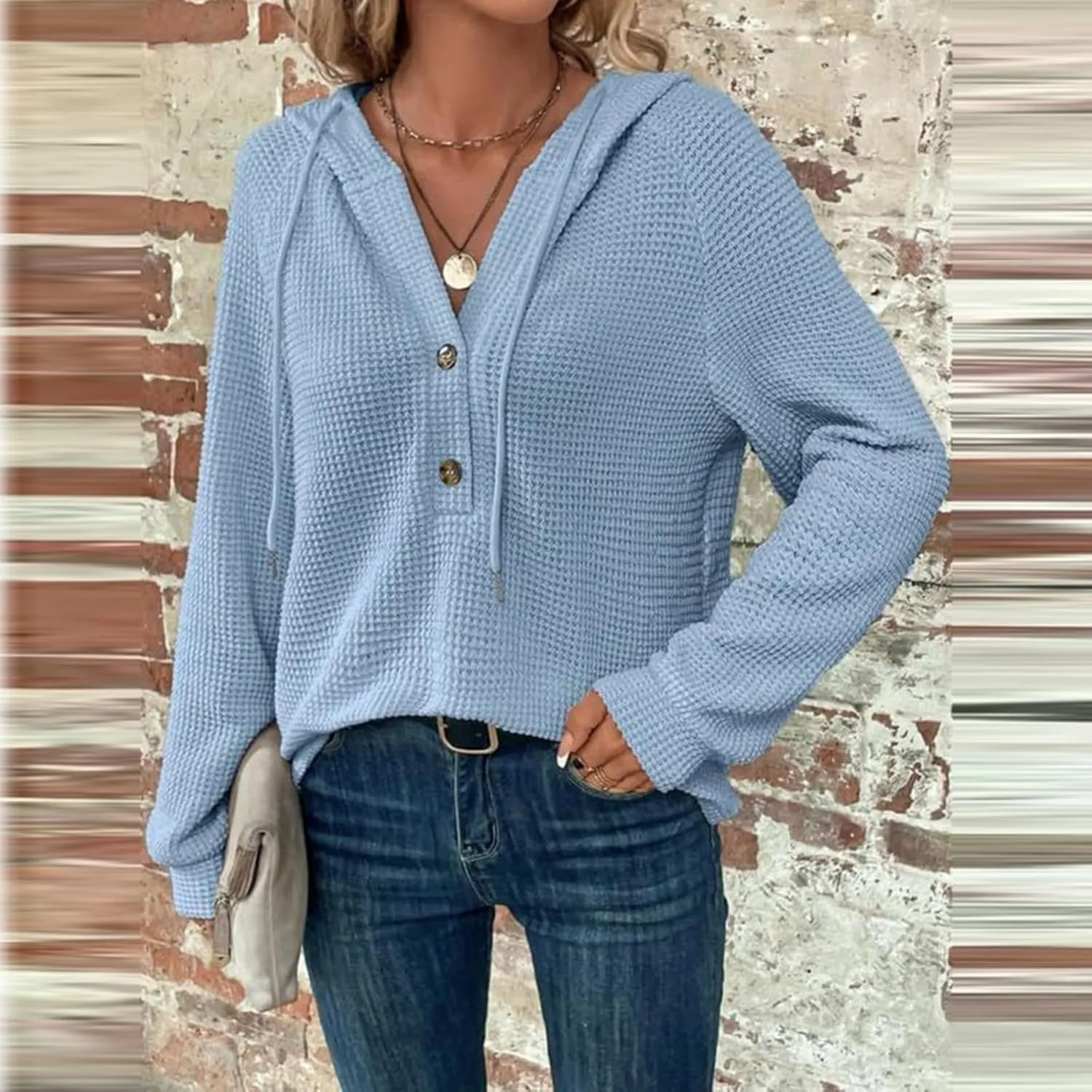 Hoodies for Women Oversized Waffle Knit Casual Lightweight Sweatshirts Drawstring Button V Neck Long Sleeve Tops