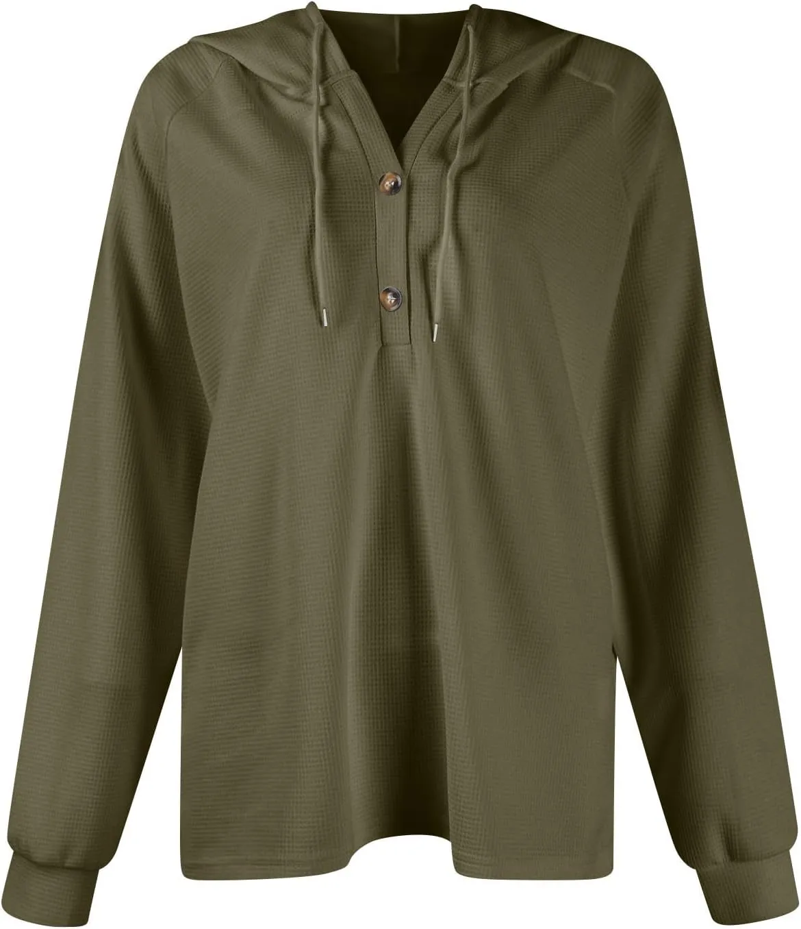 Hoodies for Women Oversized Waffle Knit Casual Lightweight Sweatshirts Drawstring Button V Neck Long Sleeve Tops