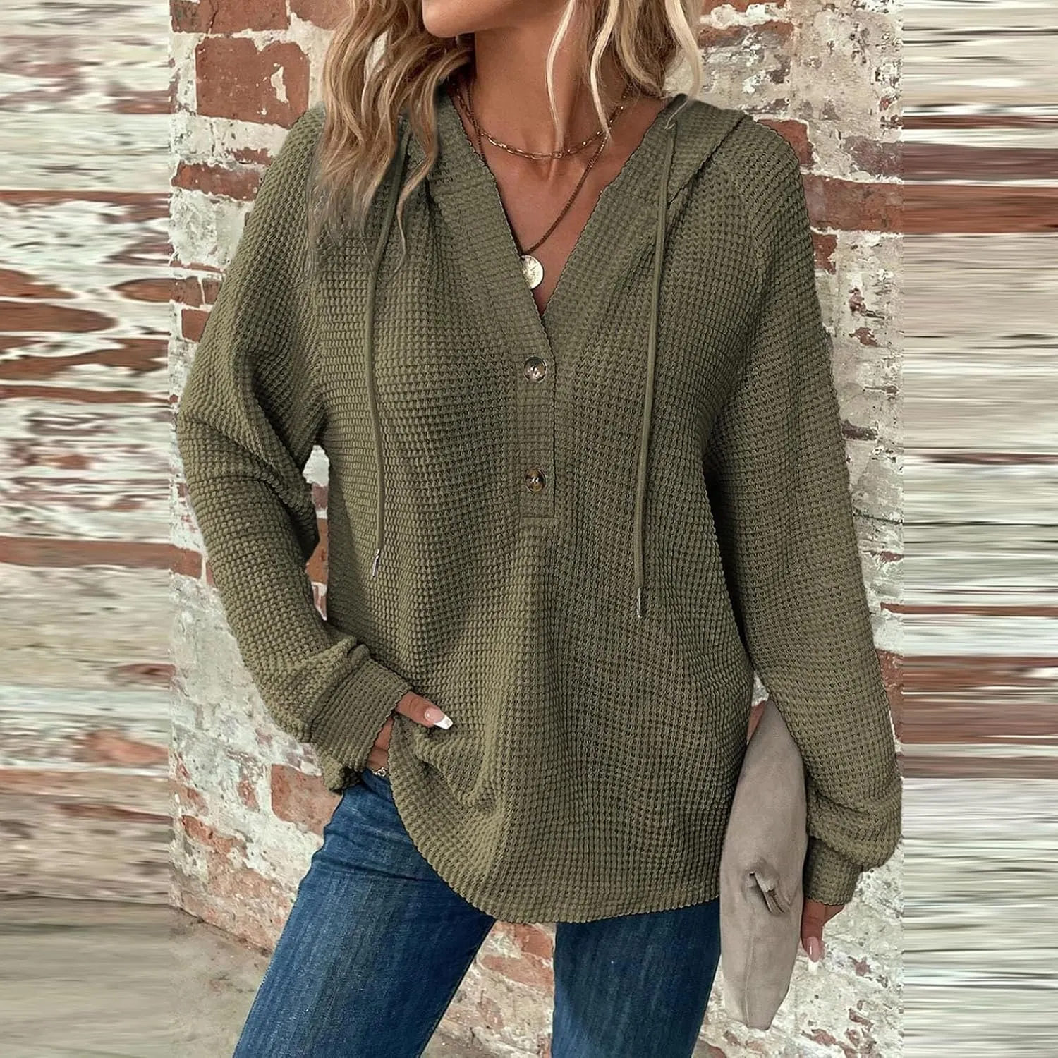 Hoodies for Women Oversized Waffle Knit Casual Lightweight Sweatshirts Drawstring Button V Neck Long Sleeve Tops