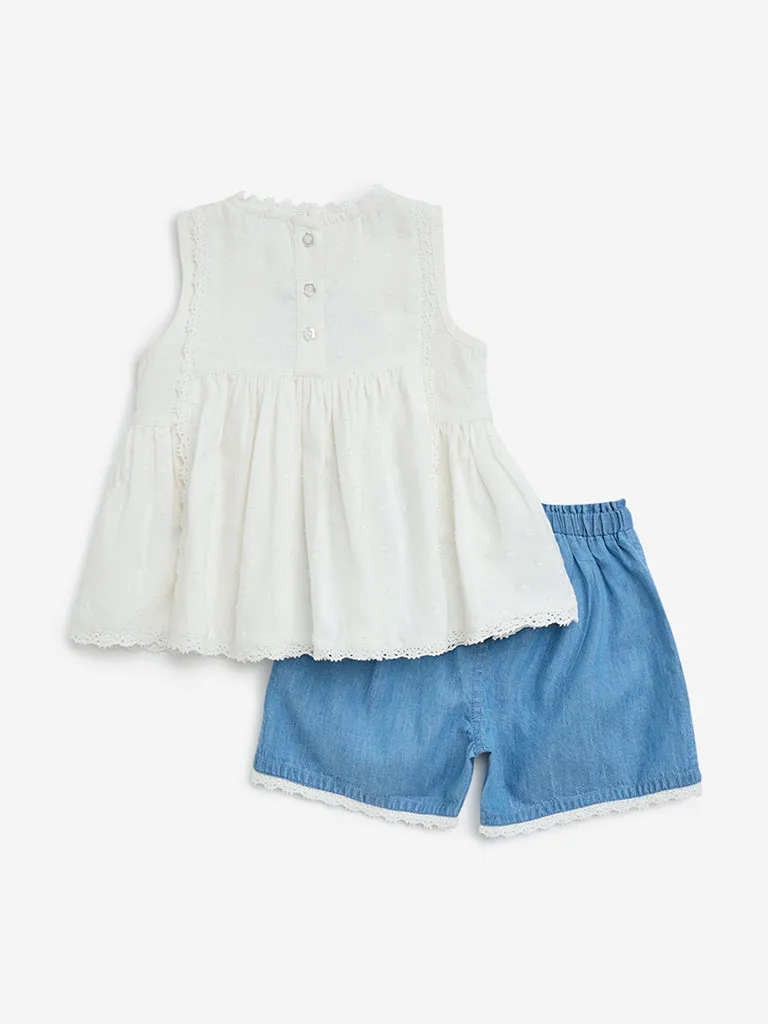HOP Baby White Floral Embroidered Cotton Top with Shorts Set