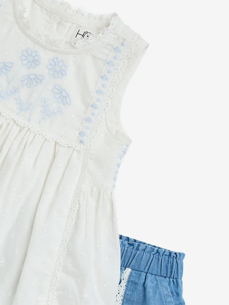 HOP Baby White Floral Embroidered Cotton Top with Shorts Set