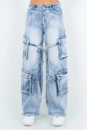 “Ice Blue” Wide Leg Cargo Jeans