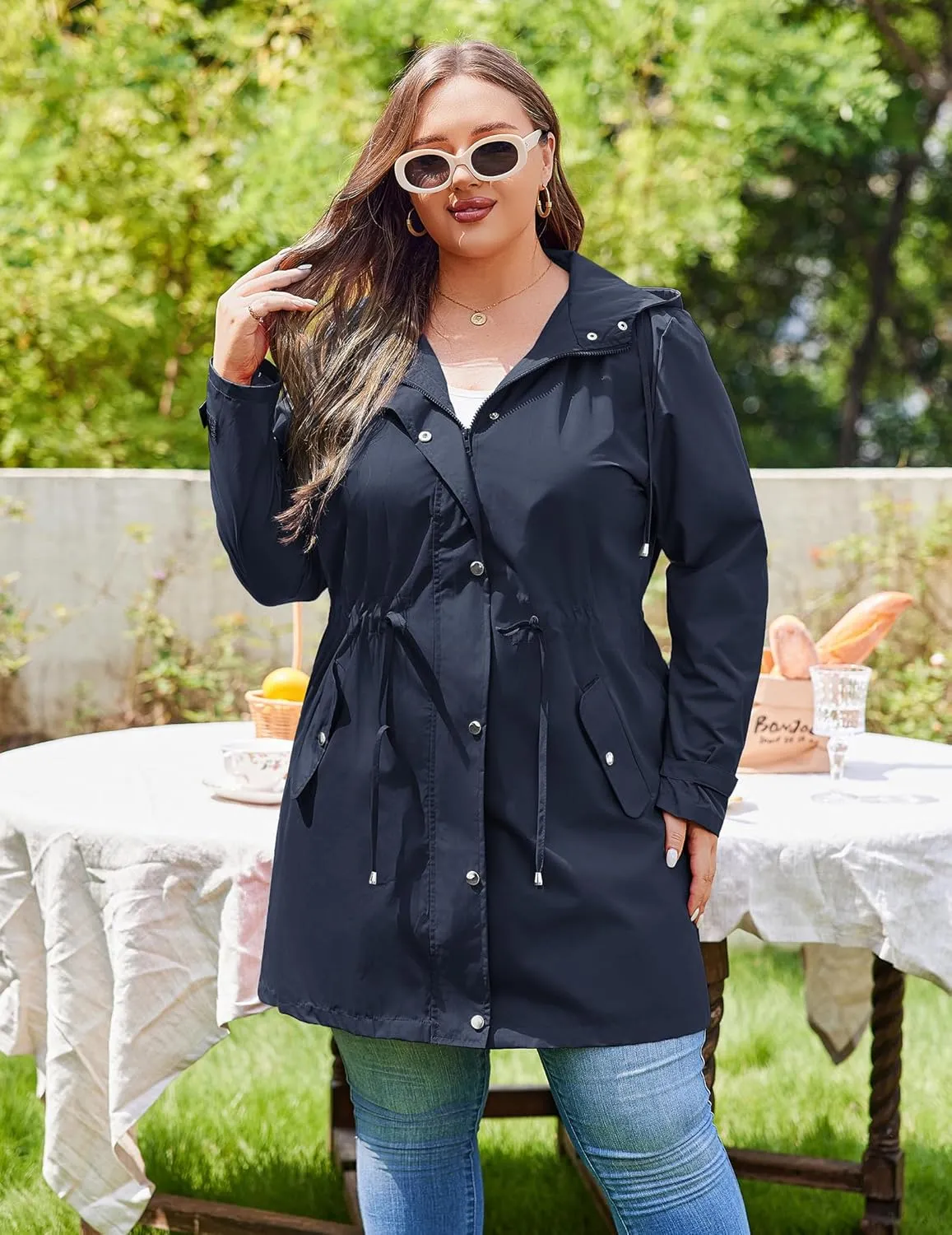 IN'VOLAND Plus Size Rain Jackets For Women Waterproof Rain Coats with Hood Lightweight Windbreaker Outdoor Trench Coat