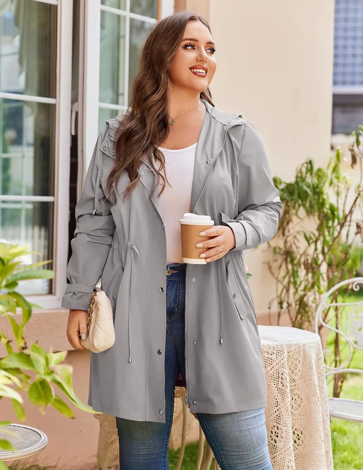 IN'VOLAND Plus Size Rain Jackets For Women Waterproof Rain Coats with Hood Lightweight Windbreaker Outdoor Trench Coat