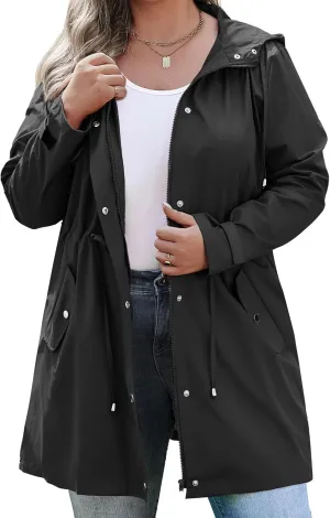 IN'VOLAND Plus Size Rain Jackets For Women Waterproof Rain Coats with Hood Lightweight Windbreaker Outdoor Trench Coat