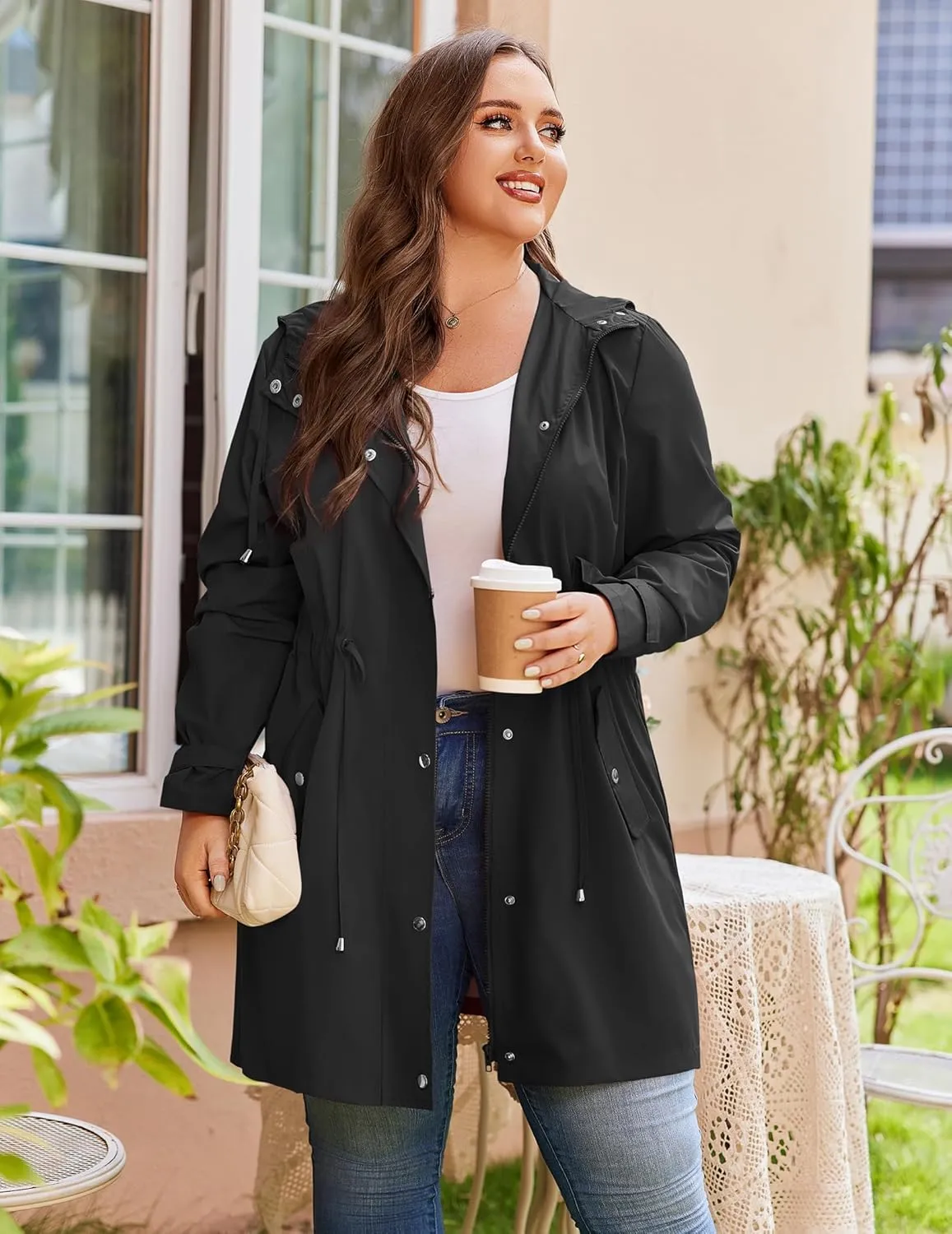 IN'VOLAND Plus Size Rain Jackets For Women Waterproof Rain Coats with Hood Lightweight Windbreaker Outdoor Trench Coat