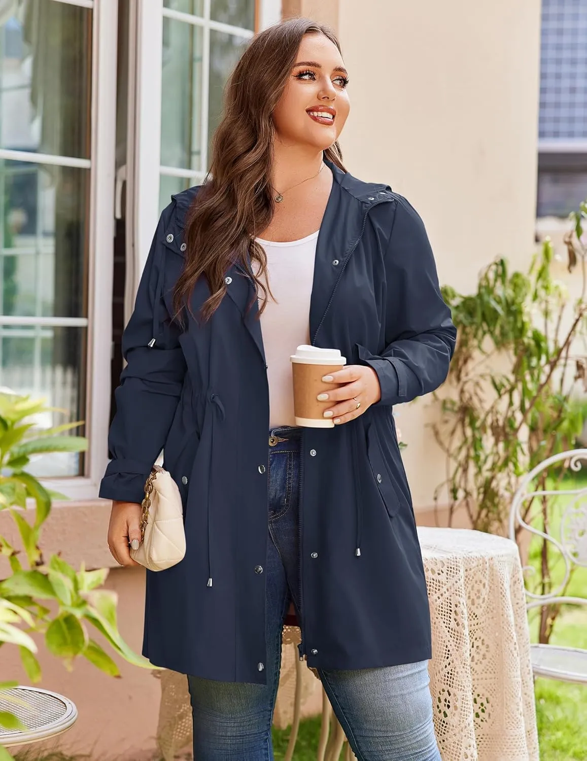 IN'VOLAND Plus Size Rain Jackets For Women Waterproof Rain Coats with Hood Lightweight Windbreaker Outdoor Trench Coat