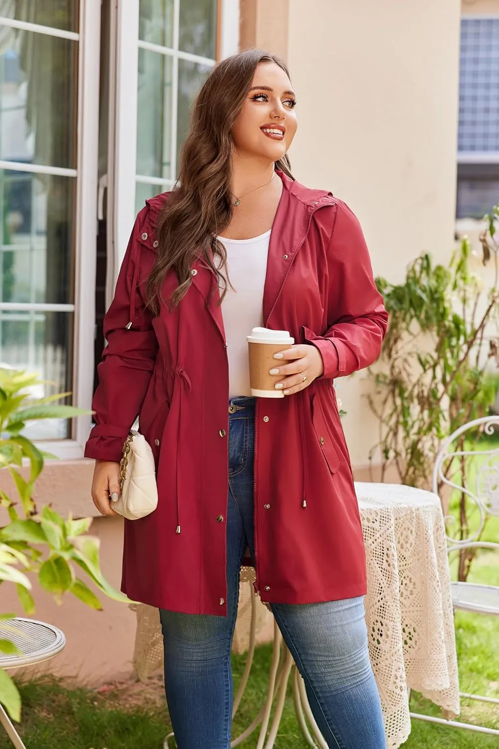 IN'VOLAND Plus Size Rain Jackets For Women Waterproof Rain Coats with Hood Lightweight Windbreaker Outdoor Trench Coat