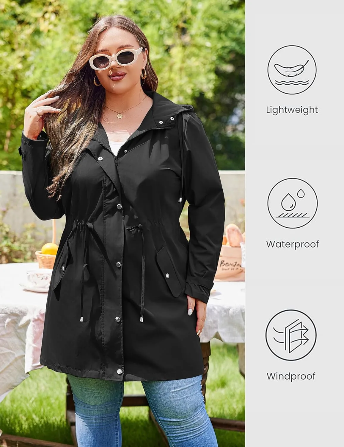 IN'VOLAND Plus Size Rain Jackets For Women Waterproof Rain Coats with Hood Lightweight Windbreaker Outdoor Trench Coat
