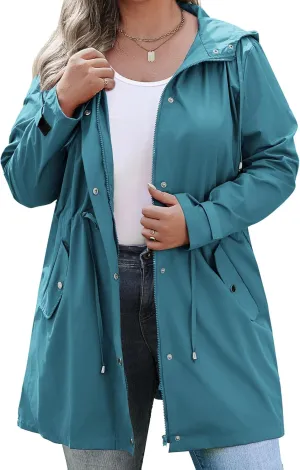 IN'VOLAND Plus Size Rain Jackets For Women Waterproof Rain Coats with Hood Lightweight Windbreaker Outdoor Trench Coat