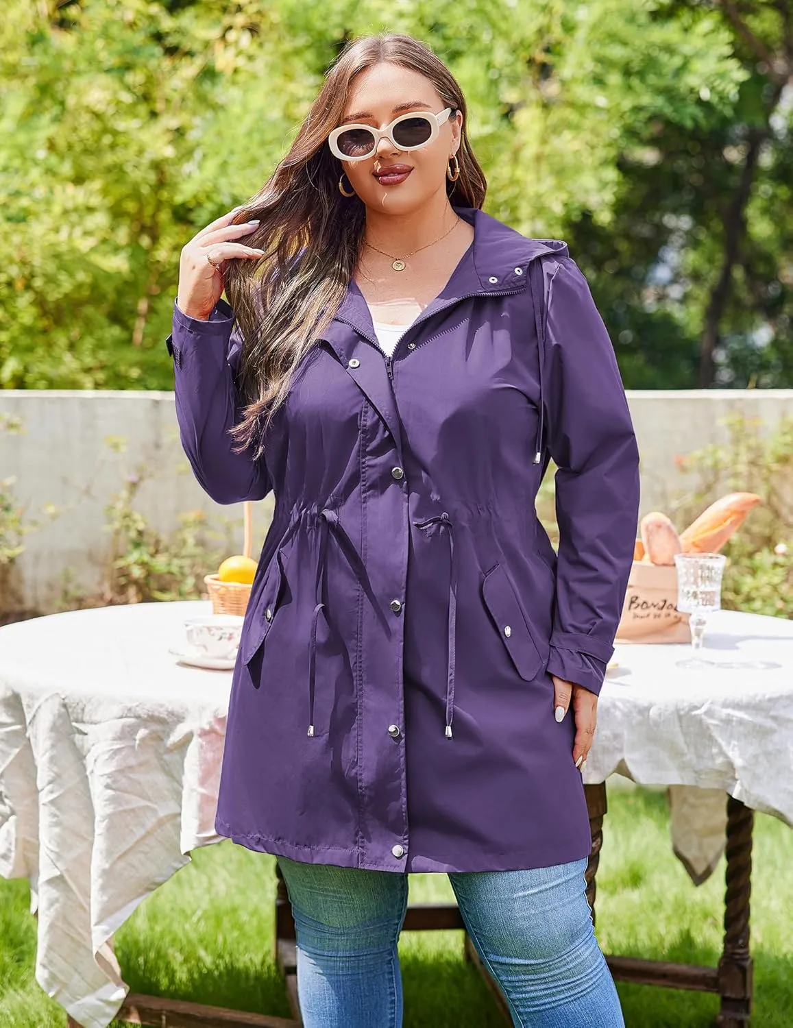 IN'VOLAND Plus Size Rain Jackets For Women Waterproof Rain Coats with Hood Lightweight Windbreaker Outdoor Trench Coat