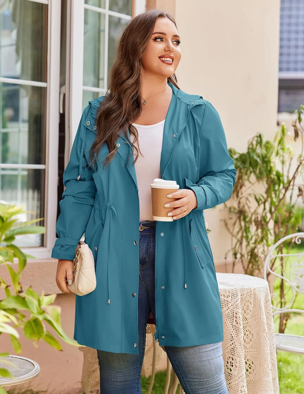 IN'VOLAND Plus Size Rain Jackets For Women Waterproof Rain Coats with Hood Lightweight Windbreaker Outdoor Trench Coat