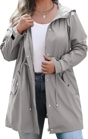 IN'VOLAND Plus Size Rain Jackets For Women Waterproof Rain Coats with Hood Lightweight Windbreaker Outdoor Trench Coat