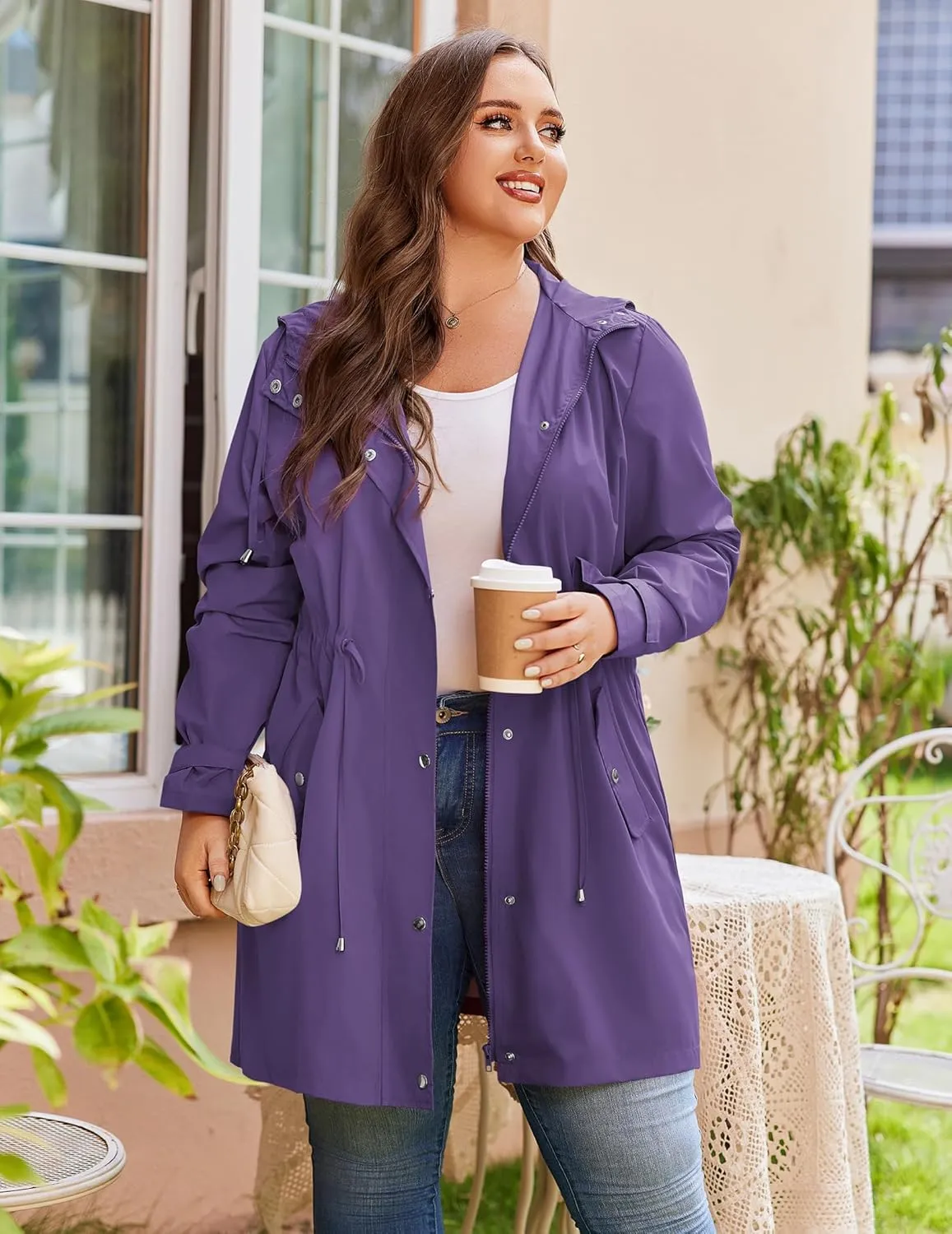 IN'VOLAND Plus Size Rain Jackets For Women Waterproof Rain Coats with Hood Lightweight Windbreaker Outdoor Trench Coat