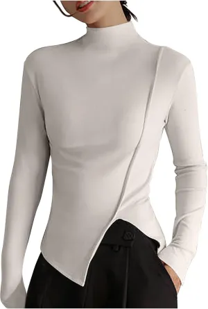 jovati Women's Fashion Casual Tunic Tops Long Sleeve Solid Turtleneck T-shirt Slim Fit Comfy Elegant Pullover Tops 2024