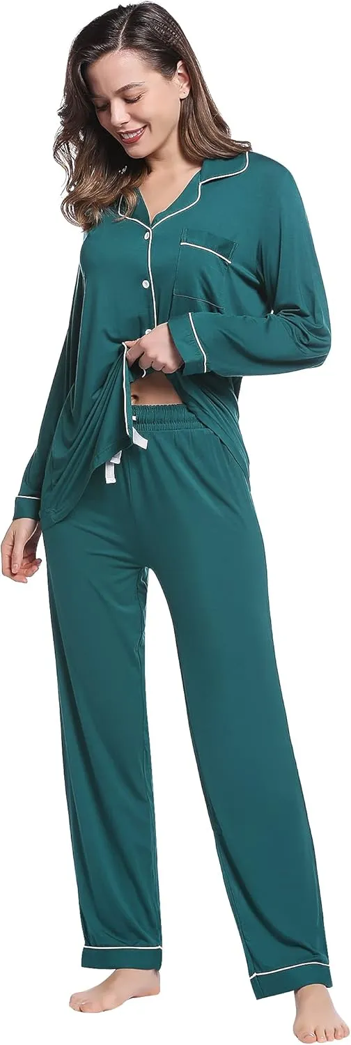 Joyaria Womens Bamboo Viscose Pajama Sets Long Sleeve Button Down Cooling Sleepwear Soft Comfortable Pj Pants Set for Women
