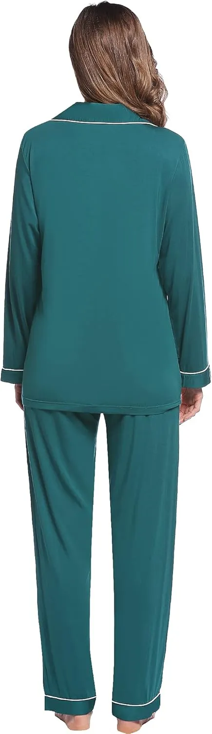 Joyaria Womens Bamboo Viscose Pajama Sets Long Sleeve Button Down Cooling Sleepwear Soft Comfortable Pj Pants Set for Women