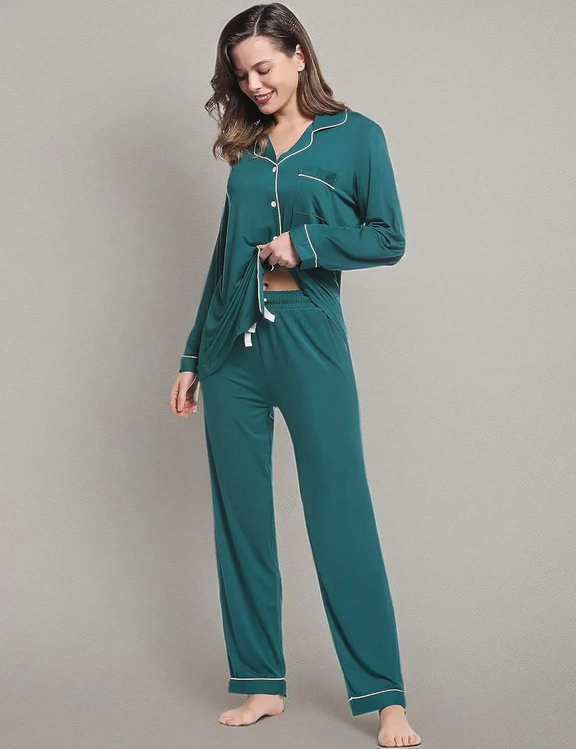 Joyaria Womens Bamboo Viscose Pajama Sets Long Sleeve Button Down Cooling Sleepwear Soft Comfortable Pj Pants Set for Women