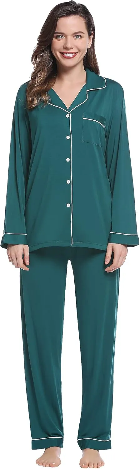 Joyaria Womens Bamboo Viscose Pajama Sets Long Sleeve Button Down Cooling Sleepwear Soft Comfortable Pj Pants Set for Women