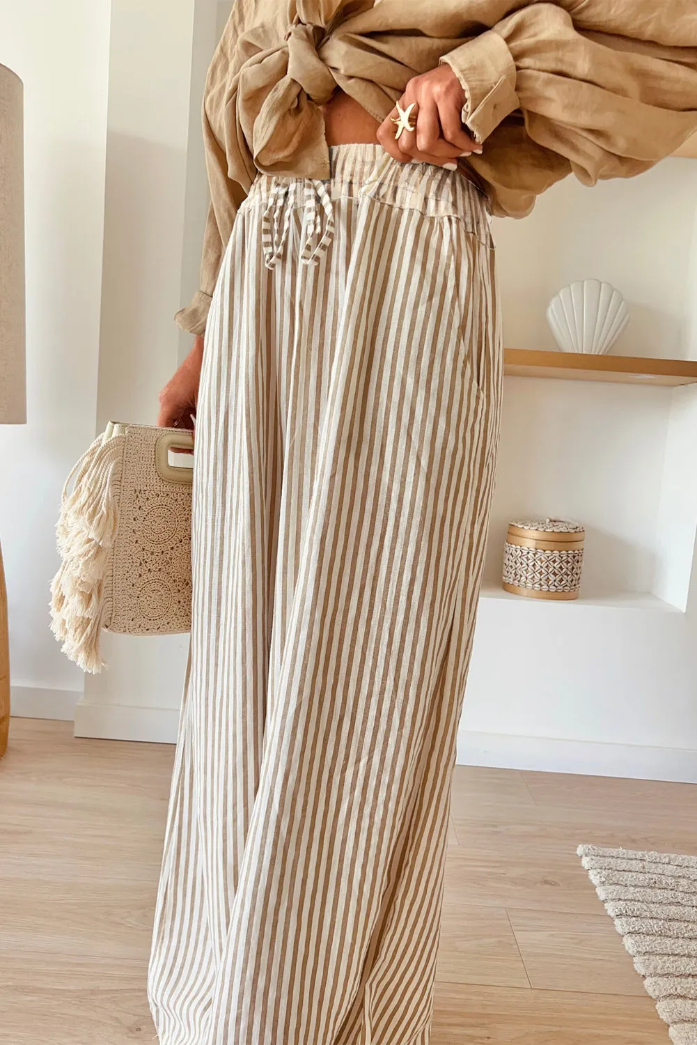 Khaki Striped Wide Leg Pants
