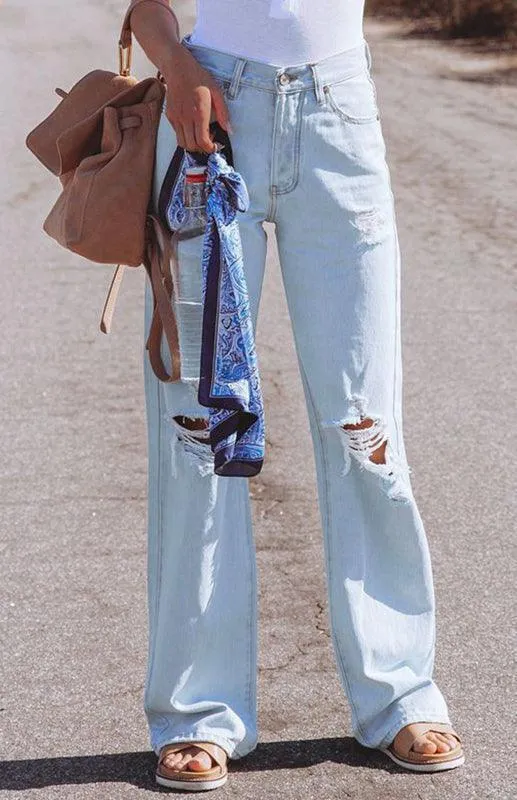 Ladies Ripped Wide-Leg Jeans