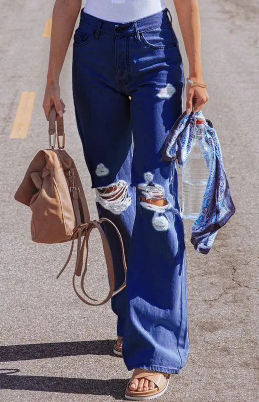 Ladies Ripped Wide-Leg Jeans